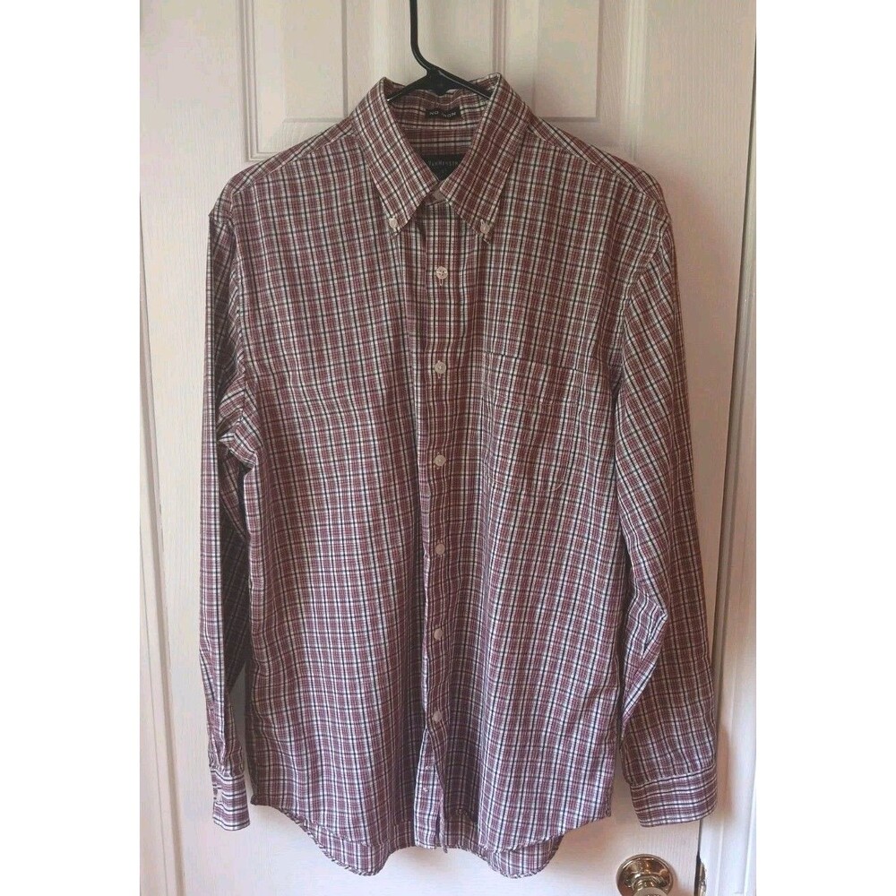 Men"s Van Heusen Red Plaid Button Down  Shirt Long Sleeve No Iron Large